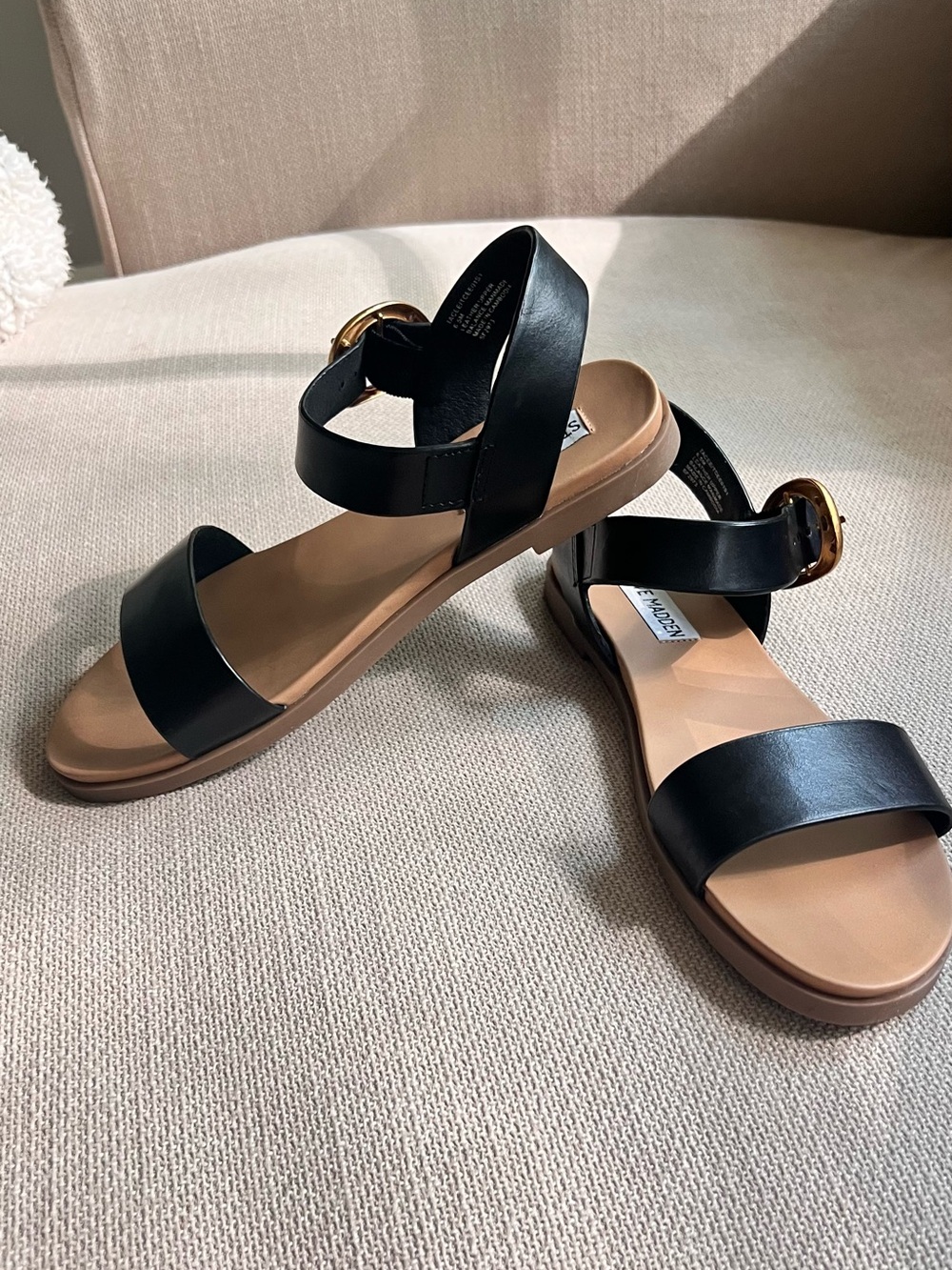 Steve Madden Black Leather Two-Strap Sandals with Gold Buckle